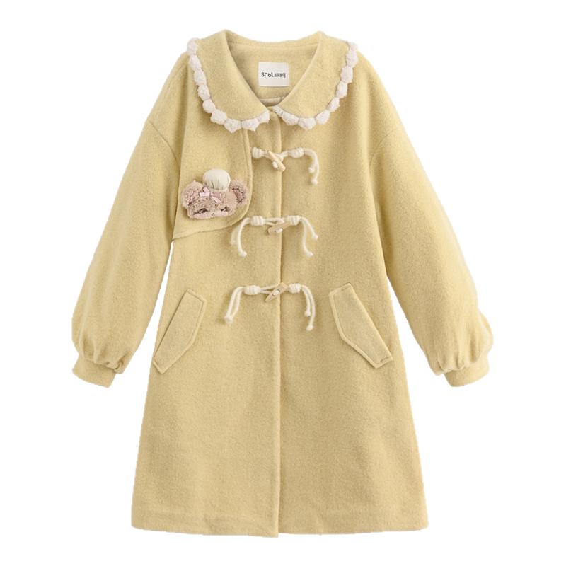 森女部落秋冬甜美毛呢外套女2025新款设计感小熊宽松百搭长款大衣