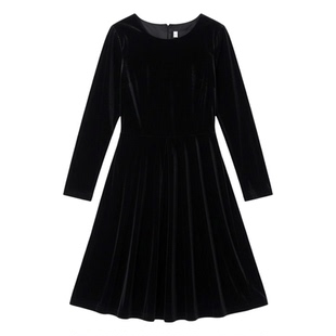 大码女装黑色金丝绒高端长袖收腰修身连衣裙子胖mm2026春秋季新款