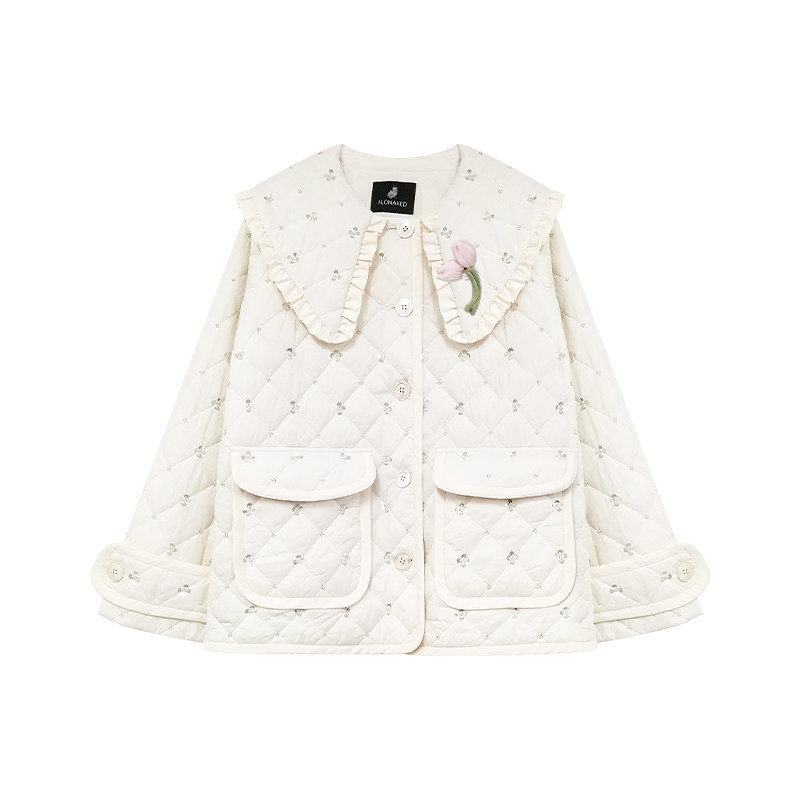 FLONAKED设计师宽松短款菱纹大翻领棉服外套女冬季保暖小众设计