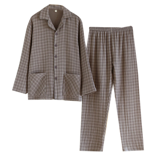 纯棉四层纱布情侣睡衣男女加厚格子长袖家居服宽松大码可外穿套装