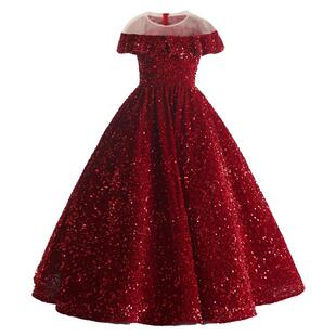 儿童礼服红色高端女童公主裙生日晚礼服主持人模特走秀钢琴演出服