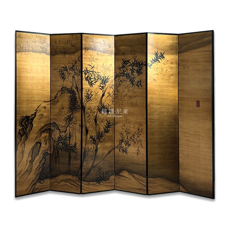 金箔屏风手绘六扇日式隔断漆画