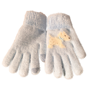 可爱小狗蝴蝶结针织毛绒手套女冬季保暖骑行防寒五指分指毛线触屏