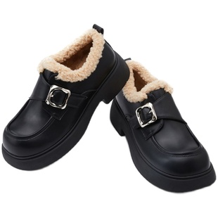 【王小毒】暖冬甜心○毛绒厚底乐福鞋女冬季一字扣加绒毛毛小皮鞋