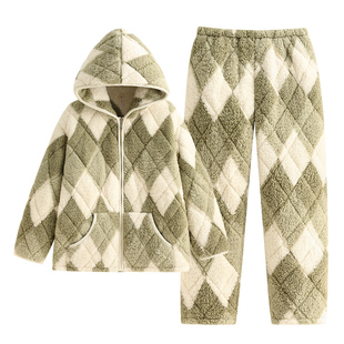 悦内睡衣女款秋冬款冬季珊瑚绒三层加厚夹棉袄加绒家居服保暖冬天