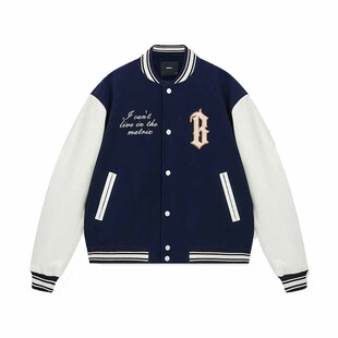 BONELESS 弧形logo毛巾绣拼接棒球服美式复古男PU皮刺绣夹克外套