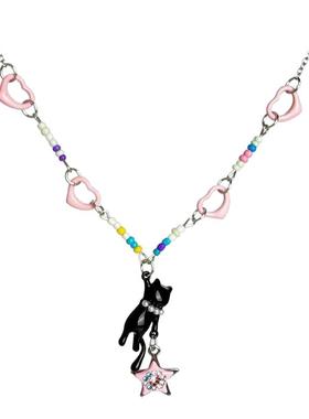 QC黑猫粉色星星串珠项链