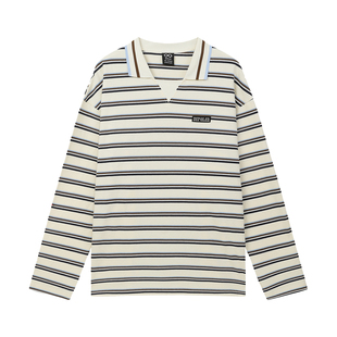 BIPOLAR条纹POLO美式复古长袖T恤美式休闲宽松假两件上衣春秋情侣