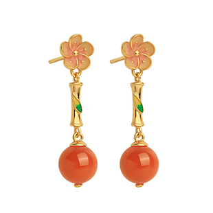 桃花夭夭天然冰种水南红玛瑙耳环女款新中式纯银镀金新年好运耳饰