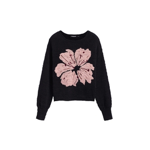 Desigual26春夏新品宽松肌理樱花提花黑色女式针织衫