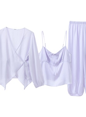 商场同款MYBODY新款睡衣女交叠门襟清新提花丝滑吊带三件套家居服