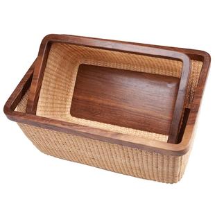 藤编时尚桌面收纳盒日式篮子网红实木带盖篮筐竹编家用茶几零食