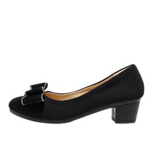 老北京布鞋女粗跟黑色蝴蝶结工作鞋通勤透气单鞋圆头中跟绒面女鞋