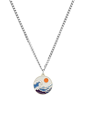 圆牌太阳海浪项链吊坠饰品钛钢个性蛇骨短款卫衣链男女气质风配饰