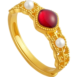 潮宏基臻金十二颜黄金珍珠戒指足金戒圈手饰5G金珐琅花丝礼物 卟