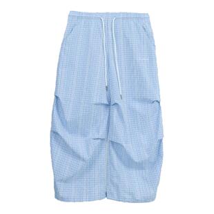 CBXLAB街舞潮牌夏季清新蓝白格子运动裤学院风复古辣妹街头休闲裤