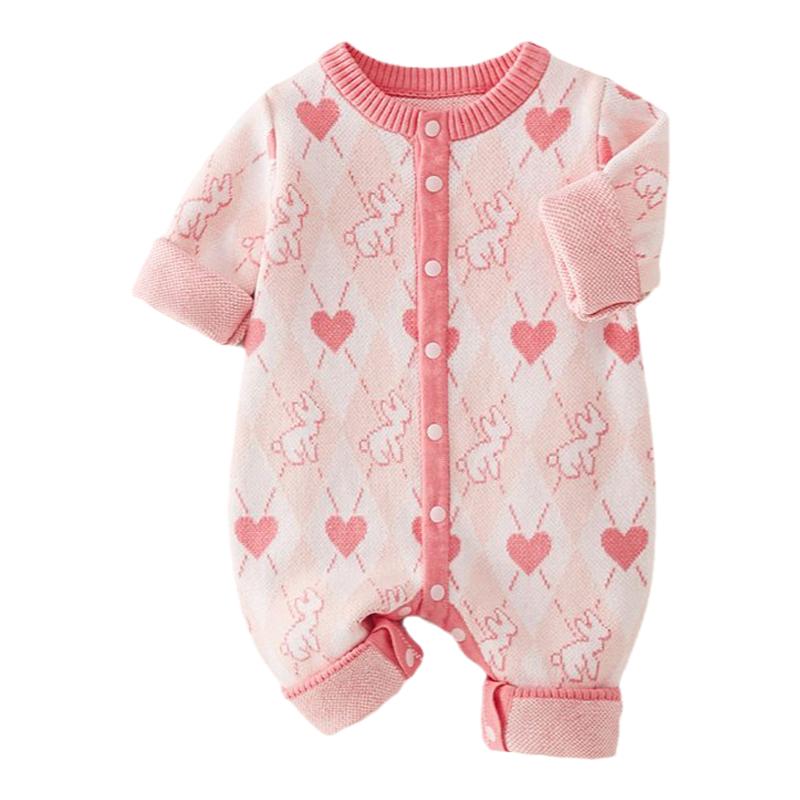 婴儿衣服春秋冬款毛衣公主风针织加绒粉色爱心兔子爬服满月连体衣
