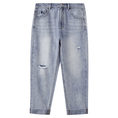 水云间蓝色破洞牛仔裤女高腰八分锥形裤子纯棉小个子2025夏季新款