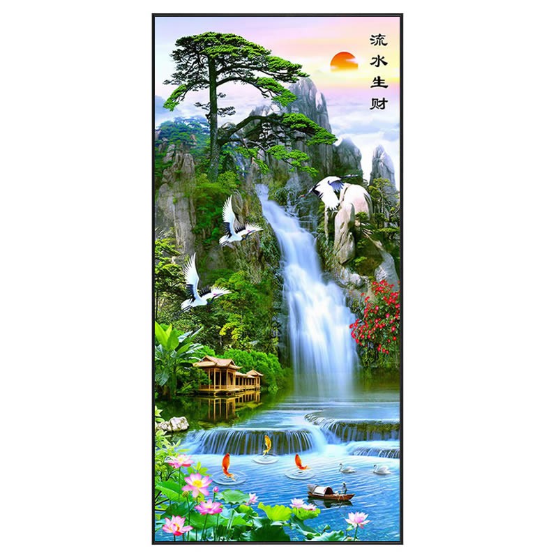 山水风景图钻石画方钻满钻玄关竖版流水生财点砖贴钻十字绣迎客松