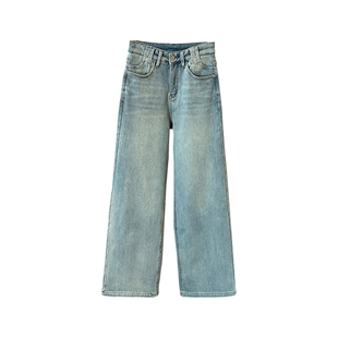 水洗色chao爱！宽松加厚绒高腰直筒裤子做旧大阔腿牛仔裤女冬新款