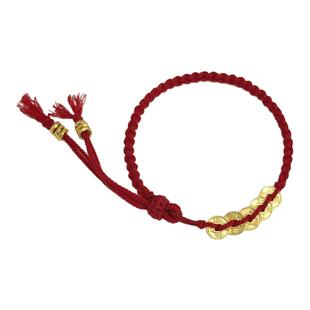 五帝钱币5D足黄金999硬金手链编红绳招财盘缠本命年礼物闺蜜朋友