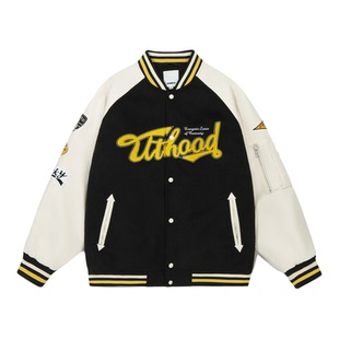 余承恩同款GUUKA拼接PU皮棉袄刺绣棉衣外套宽松 美式棒球棉服男冬