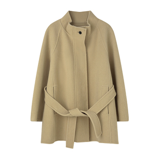 solighter 100%羊毛假两件中长款收腰大衣女秋冬新款立领毛呢外套