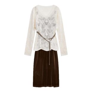 NEELLY纳俪商场同款垂感连衣裙秋冬款两件套裙装气质镂空针织套装