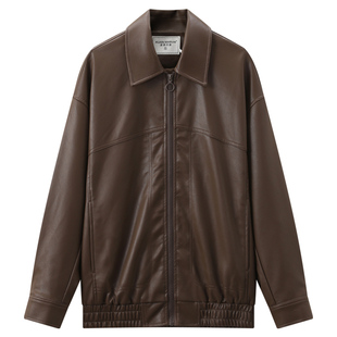 库恩玛维港式复古宽松PU皮衣女2024年秋季新款翻领机车风夹克外套