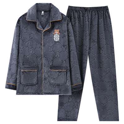 男士珊瑚绒睡衣男秋冬保暖法兰绒男款加厚加肥大码中老年人家居服