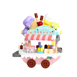 儿童益智拼装微颗粒街景积木街边小吃车模型玩具男孩组装拼图礼物