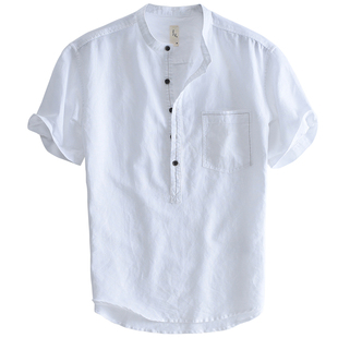 汉絮夏季文艺复古棉麻短袖衬衫男士纯色休闲上衣男立领亚麻衬衣潮