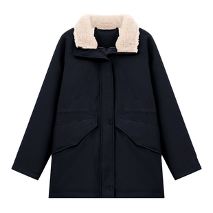 Basic House/百家好毛领翻领羽绒服冬季女轻薄抽绳收腰时尚派克服