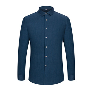 恒源祥彩羊冬装湖蓝色保暖羽绒衬衫中年男士加厚纯色高档鹅绒衬衣