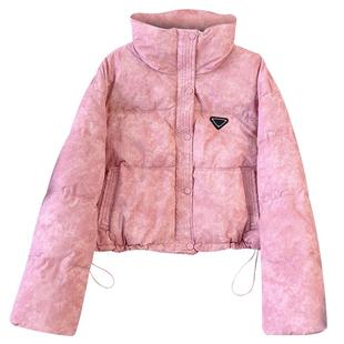 粉色立领高腰小短款面包羽绒服女2025冬季新款洋气独特超好看外套