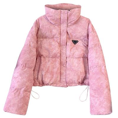 粉色立领高腰小短款面包羽绒服女