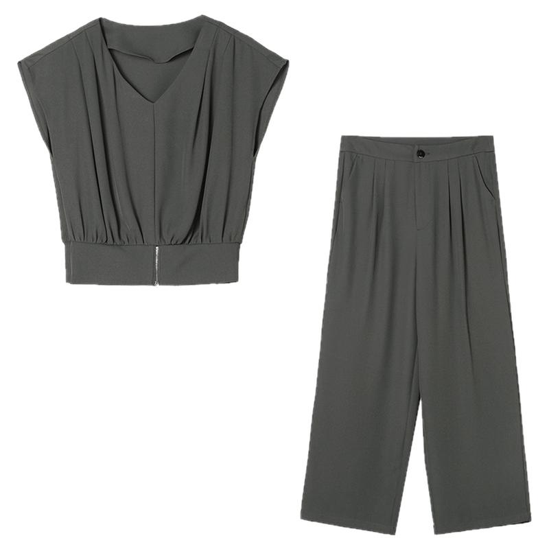 Outlets专柜撤柜正品 LH夏装新款 松紧腰短款上衣+长裤两件套装女
