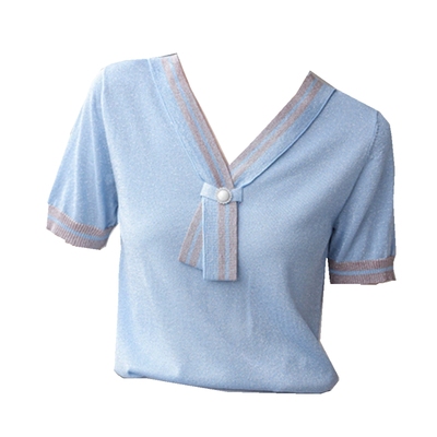 夏季新款气质撞色v领亮丝冰丝t恤