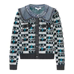 我爱露露LULUALWAYS秋季新款别致减龄拼接娃娃领针织开衫