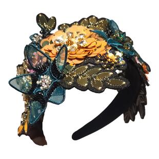 原创设计发卡女手缝锦簇花朵发箍宽边压发镶钻水晶头箍女高级发饰