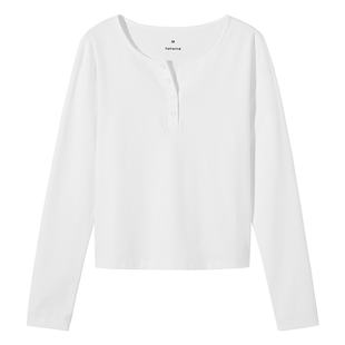 热风女士长袖T恤2026年春季新款美式复古亨利衫白色正肩长袖T恤女