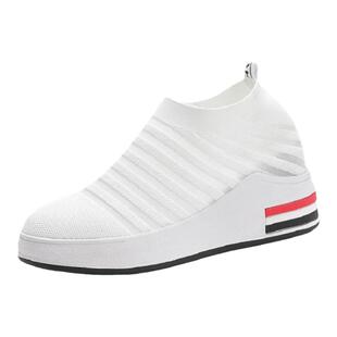 配裙子的小白鞋内增高女鞋7cm网面透气一脚蹬休闲鞋坡跟夏天网鞋