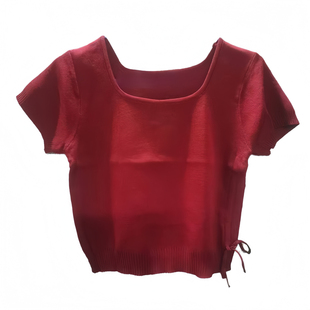 酒红色针织冰丝短袖t恤女夏季修身锁骨高腰正肩方领暗红短款上衣