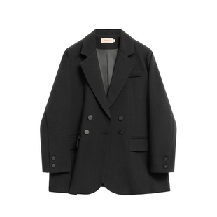 黑色可翻袖口韩系气质2025春秋双排扣小西装慵懒英伦风外套女