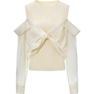 【商场同款】糖力 春秋季新款杏色长袖设计感假两件针织衫上衣女