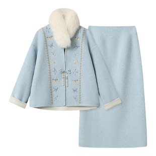 年后发冬季高端国风古韵设计感毛呢羊毛外套半裙两件套新中式套装