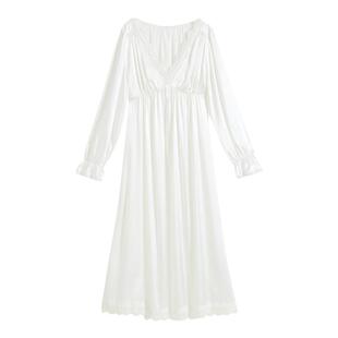 法式长袖宫廷风睡裙性感带胸垫女士蕾丝连衣裙女款冰丝睡衣女长款