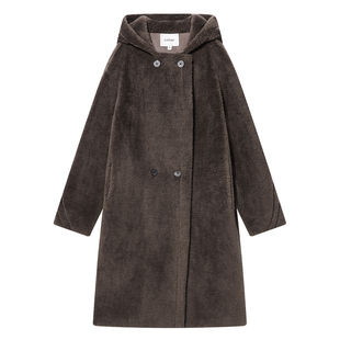 COVERINS冬季100羊毛羊羔绒连帽大衣外套女长款宽松CC34580170