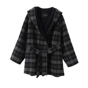 popchrio◆复古羊毛撞色格子大翻领连帽双面呢大衣短毛呢外套女冬