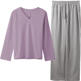 淳度睡衣纯棉女春款长袖高级感V领花纱简约全棉大码家居服套装